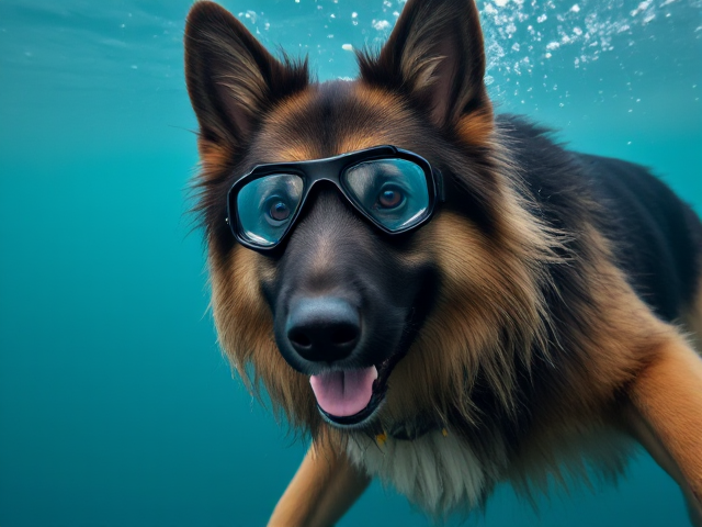 A long haired German shepherd Freediving wearing goggles holding a line