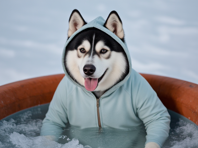 Anthropomorphic Alaskan malamute lifeguard hoodie swimsuit ice bath