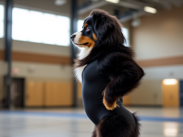 Bernese mountain dog with strong hips, wearing a gymnastics leotard, inside a gymnasium, dynamic pose, vibrant lighting, detailed fur