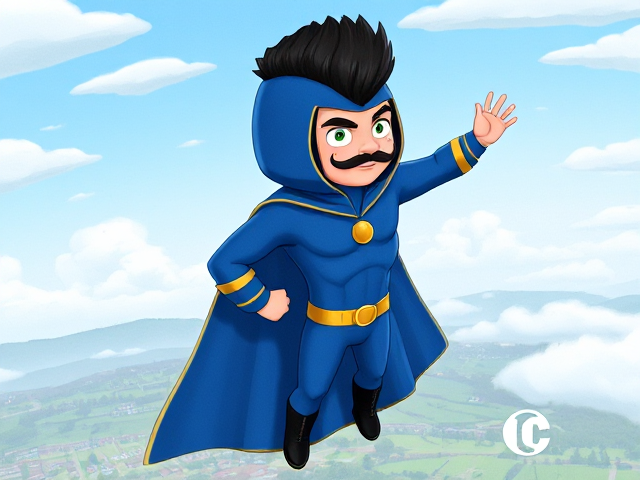 2D Modern Cartoon scene: A preteen 12-year old boy with light skin and freckles on his cheeks named Kyle Lipton, but transformed into a superhero named Dr. Dimensionpants, who, despite still being a kid, has an extremely muscular body. He wears a tight blue hood outlined by a yellow line that covers the back half of his head and leaves his ears exposed, with a smooth, slicked back black mohawk on top. He also wears a sleek blue bodysuit outlined with yellow lines on the cuffs of the sleeves and pants, a golden belt with a circular buckle, black boots, and a really big, heel-length long, ultra-wide blue cape with a really big collar outlined with yellow lines wreathed around his neck held up by a golden button. The pupils in his eyes are green, and he has a long black twin moustache, which help protect his true identity in this form. He also has incredible, invincible, and cosmic superpowers flowing through his veins. He is currently flying through the sky high above Ganderville, the city he protects, searching for trouble, his cape billowing majestically.
