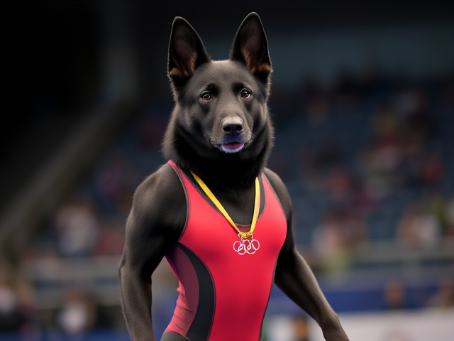 A anthropomorphic black German shepherd Olympic gymnast wearing a leotard