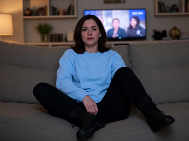 Brunette thin wearing a light blue sweatshirt and black pants and boots on her couch watching a movie