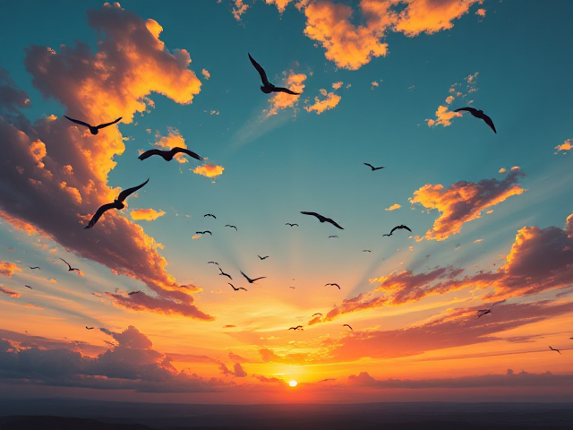 Le ciel avec des oiseaux volant librement, au coucher du soleil, un paysage serein et magnifique