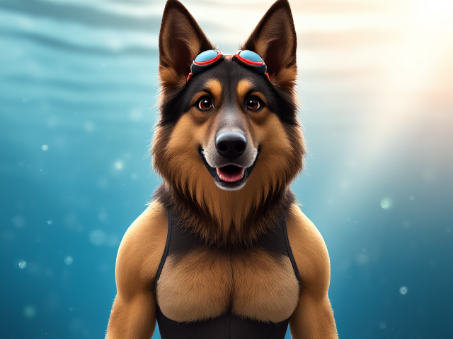 A tall anthropomorphic long haired German shepherd Olympic swimmer with a long torso, wearing a one piece swimsuit and swimming goggles