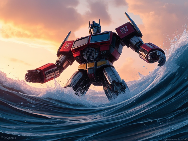 Lifelike 1980s Optimus prime rising from the ocean