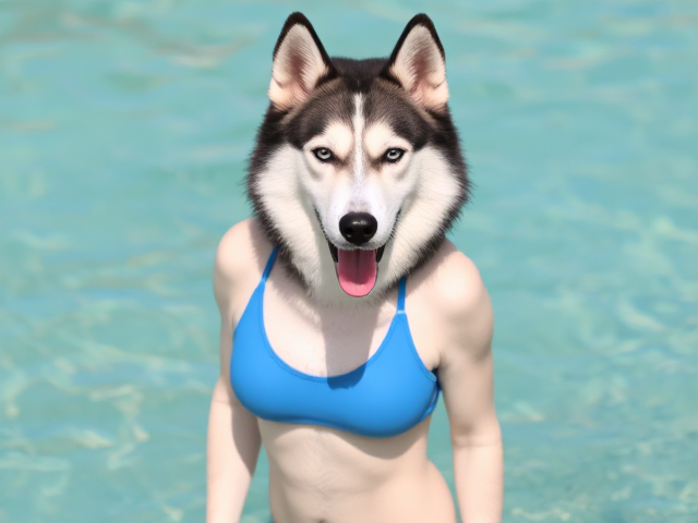 A anthropomorphic Siberian husky wearing a female speedo swimsuit