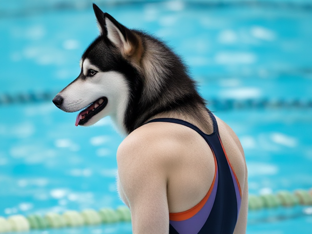 A tall anthropomorphic Siberian husky Olympic swimmer wearing a sportback swimsuit