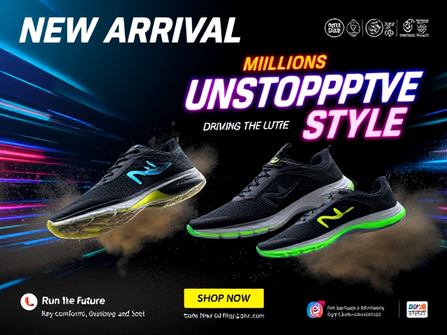 A high-energy advertisement featuring sleek and sporty sneakers designed for boys, aimed at driving millions of sales. The sneakers are modern and dynamic, with bold details such as breathable mesh, vibrant logos, and reflective accents that glow under dynamic lighting. The background showcases a futuristic theme with gradients of electric blue, neon green, and black, accented by glowing lines, light streaks, and motion blur effects to suggest speed and activity. Text elements like 'NEW ARRIVAL' and 'UNSTOPPABLE STYLE' are written in bold, futuristic fonts with neon glow effects. The sneakers are displayed in action poses, such as mid-air jumps or dashing forward, surrounded by dynamic splashes of color, dust, and abstract energy bursts. The vibe is bold, adventurous, and empowering, capturing attention instantly. The composition includes key features like comfort, durability, and style written in sleek icons or banners, alongside a catchy tagline like 'Run the Future.' Soft contact information or website links are placed subtly in the bottom corner, with vibrant CTA buttons like 'Shop Now' glowing in neon colors. Perfect for a young, action-oriented audience.
