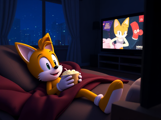 Miles Tails Prower, the anthropomorphic two-tailed fox from the Sonic the Hedgehog game franchise, laying all cozy under a blanket on a couch in his house at night, watching movies on his TV while eating a big bowl of vanilla ice cream, the light from the TV is reflecting back onto Tails' face