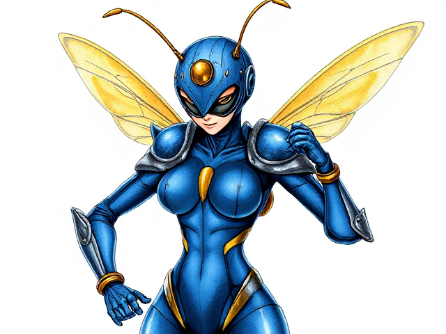 DND profile picture of a slender humanoid female with a wasp-like body inspired by Queen Bee from Darkstalkers. She is adorned in sleek Buck Bumble-themed blue armor, featuring intricate metallic accents and vibrant colors. Her face is partially concealed by a large eye-shaped visor. Straight, delicate wasp wings extend behind her, with wing guards attached to the back of her elbows and a distinct wasp abdomen. Captured in a dynamic, action-oriented pose that highlights her agility and strength