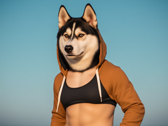 A anthropomorphic Siberian husky wearing a hoodie over a sports swimsuit