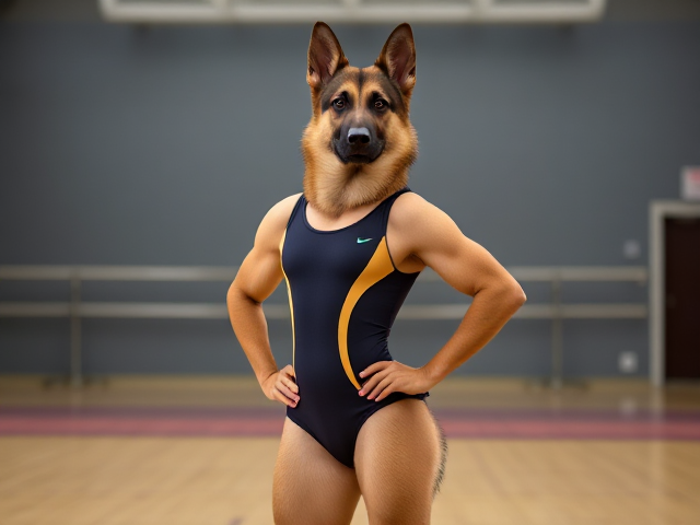 Anthropomorphic German shepherd wearing a gymnastics leotard, posing with emphasis on its hips in a gymnasium setting, detailed and vibrant colors