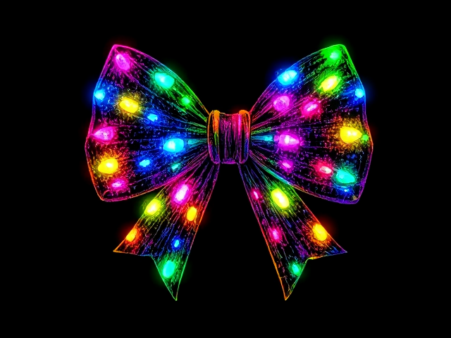 Hand-drawn clipart of a bow made from Christmas lights, vibrant and colorful luminescence, set against a black background