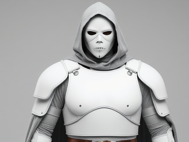 Man in white body armor and mask, and grey cloak.  The chest plate is simple and lacks detail and texture.  The mask stops just above the jaw, and the moth is visible.