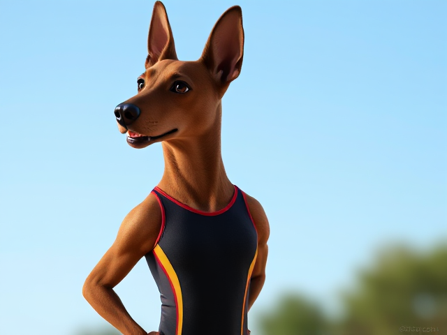 A anthropomorphic Belgian Malinois Olympic gymnast wearing a leotard