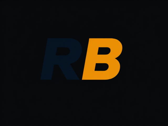Create a logo using only the letters R and B in a bold, modern font. The R should be in a dark color, such as navy blue or gray, representing strength and stability. The B should be in a bright color, like yellow, orange, or red, symbolizing energy and action. Both letters should have a slight tilt or upward movement to give a sense of momentum and growth. Keep the design clean and simple with a black or white background to make the letters stand out clearly. No additional symbols are needed—just focus on the strong, impactful typography of "R" and "B."