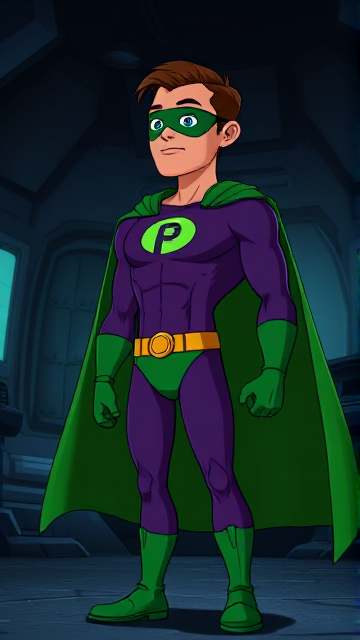 Cartoon scene: A young, Autistic 25-year old boy with light skin and flat, smooth, and slick brown hair named T.J. Granger, but transformed into a genetically-altered superhero named Powerman, who, despite still being a young adult kid, has an extremely muscular body. He wears a sleek purple suit with a green P symbol on his chest, a gold belt with a circular buckle, green briefs, green boots, green long-cuffed gloves, a really big, toe-length long, ultra-wide green cape wreathed around his neck, and a green eye mask that protects his true identity. He also has incredible and invincible superpowers flowing through his veins. In this scene, Powerman is currently standing in his secret high-tech underground lair, awaiting a call on the supercomputer from his masters about his next mission.