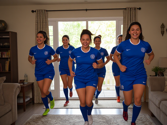 women’s soccer team in blue uniforms runs inside suburban home, laughing hysterically and uncontrollably again and again