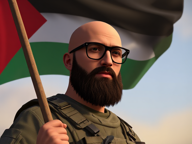 A young bald Muslim man with a bushy beard and black-framed eyeglasses dressed in military gear holding a Palestinian Flag. Image in the art style of the video game Until Dawn.