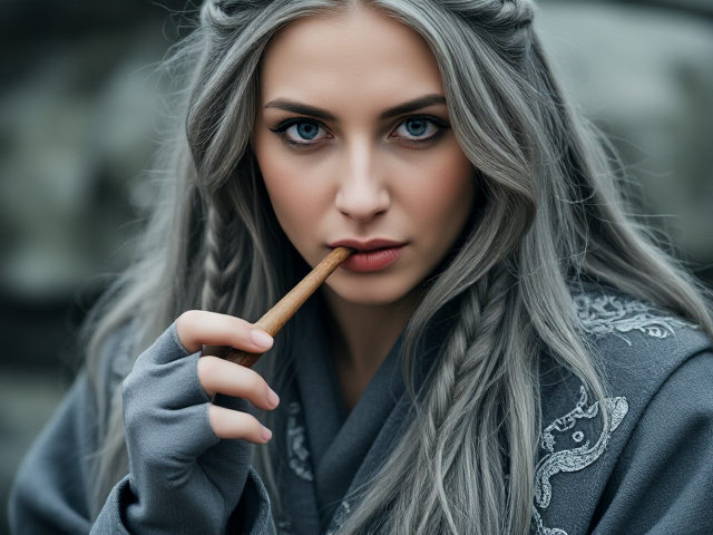 A stock photo of a female wizard, long grey hair with small braids, thick grey robes with intricate silver trim, grey fingerless gloves, smoking a long thin wooden pipe. Mood: mystical and serene. Dominant colors: shades of grey, silver, and earthy brown. Soft, diffused lighting, shallow depth of field, portrait composition, eye-level angle, focus on facial expression and pipe details.