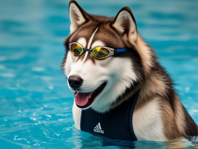 A anthropomorphic Alaskan malamute wearing an adidas swimsuit and swimming goggles