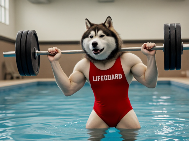 A anthropomorphic alaskan malamute wearing a red lifeguard one piece swimsuit lifting a barbell in a indoor pool