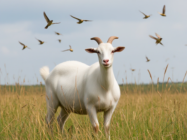 Chubby goat in a field with honeyeater birds flying