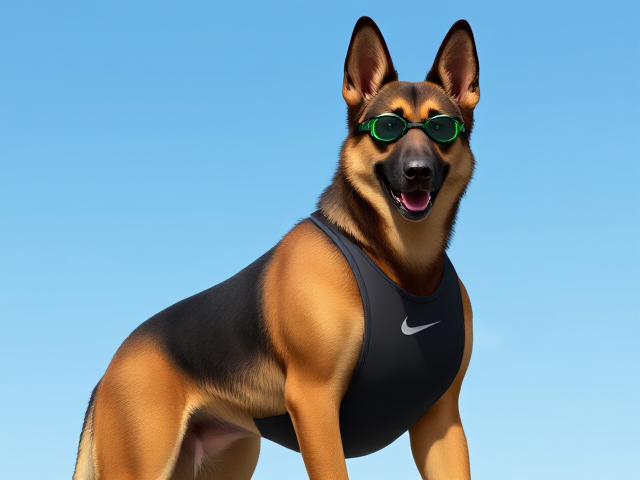 A tall anthropomorphic German shepherd with a long torso and broad shoulders wearing a high cut Nike one piece swimsuit and swimming goggles