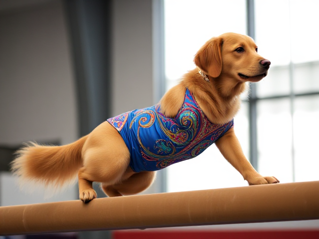 Anthropomorphic Golden Retriever in a vibrant, intricately designed gymnastics leotard with elegant patterns and shimmering details, posing gracefully on a gymnastics beam amidst a softly lit background with highlights of motion and agility