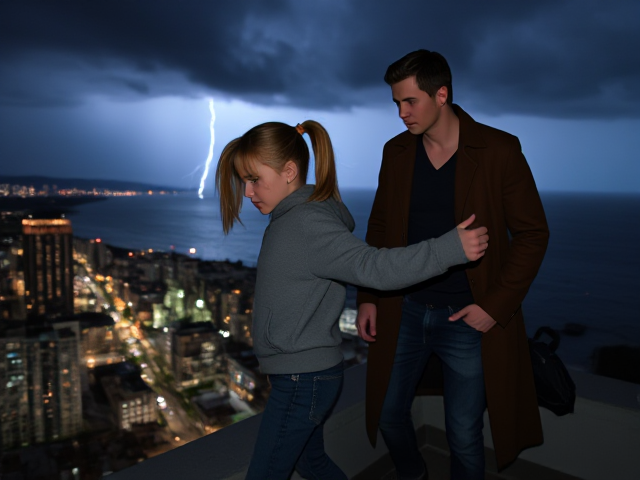 A petite 13-year-old girl with strawberry blonde hair in a ponytail, wearing a hooded pullover and jeans, is stepping onto the roof ledge of a night club.  behind her, is a modern-day, pale skinned vampire in his late twenties, with blonde hair, dressed in a brown trench coat and jeans. He appears uneasy as he looks at her. The girl gestures angrily at him, flailing her arms. A thunderstorm approaches the cityscape from the sea shore. Set at night.