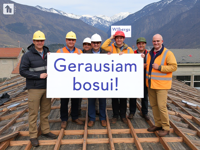image in which group of workers are holdings big sign in which is writen this text: Geriausiam bosui! Few worker in back are holding smaller sign with blue text: Wilbergs.  do not change sign text. Workers are standing in construction on house roof,. scenery is norway mountains. do not change sign text.