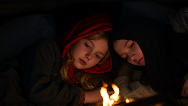 Set in the dark ages, night time. 2 girls. A blond girl wearing a red hooded cape, sleeping next to a girl with long black hair next to  small fire.