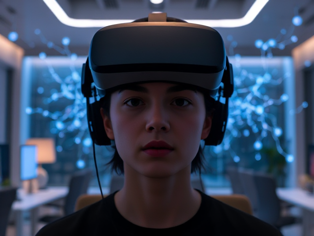 A serene, futuristic office environment where neuromarketing techniques are being used; a calm, focused individual wearing modern VR headset connected to a glowing neural interface. The background features sleek, minimalist décor with soothing colors and ambient light. Highly detailed neurons and digital data flows subtly integrated into the scene to illustrate brain activity and data processing. Soft diffused lighting enhances the tranquil atmosphere. Camera positioned at eye level for an immersive perspective, slightly angled to capture both the user and the interactive elements.