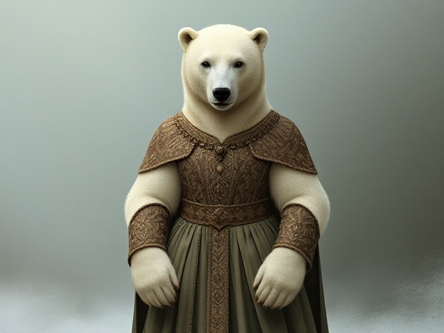 Image d'une femelle ours polaire 
Qui se tient debout de face 
Habillé d'une robe du moyen âge