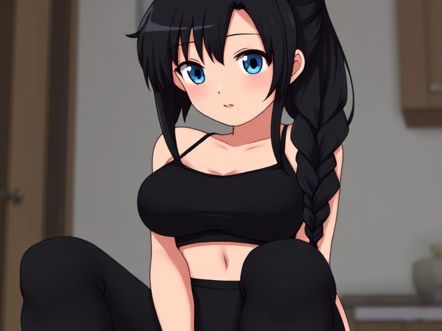 A anime shy girl with black hair tied in a braid with beautiful blue eyes wearing a black crop top and leggings with a curvy body and curvy legs.
