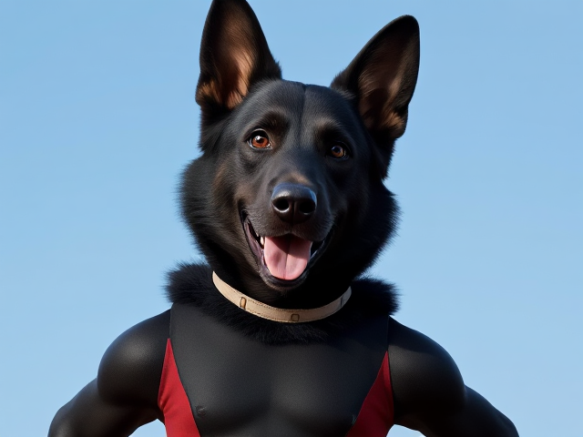 A anthropomorphic black German shepherd Olympic gymnast wearing a leotard