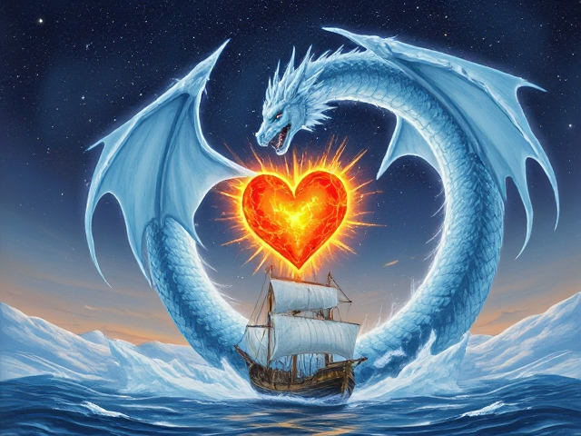 A swirling ice dragon with a fire metaphysical heart above an an anchored ship