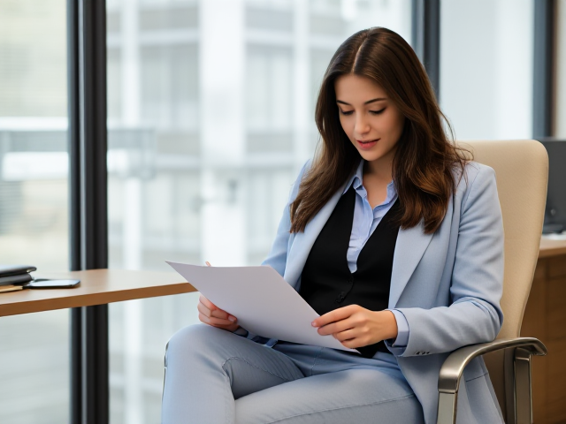 A brunette wearing a light blue coat and light blue jeans with a black vest and light blue blouse in her office chair writing a memo