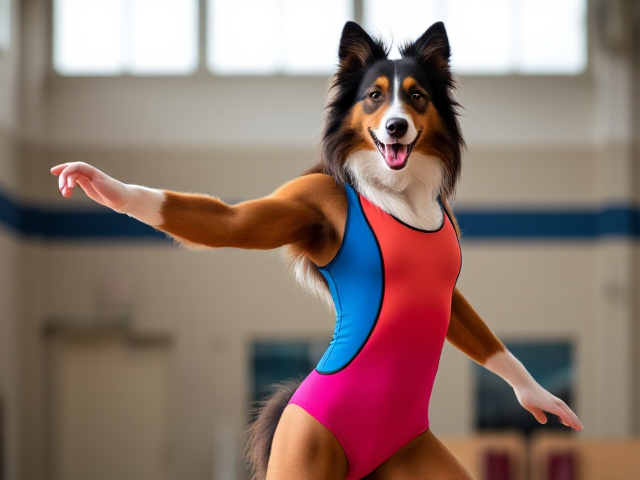 Anthropomorphic Rough Collie wearing a vibrant gymnastics leotard, posing dynamically in a gym setting, detailed fur texture and realistic lighting
