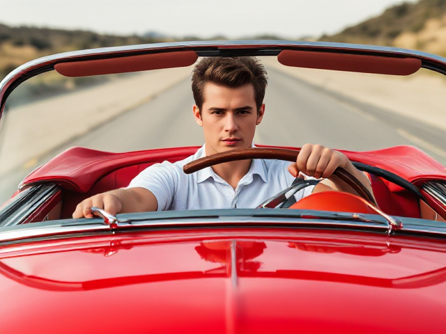 a hi res photorealistic picture of a James Dean type looking man driving a 1950's candy red convertible.