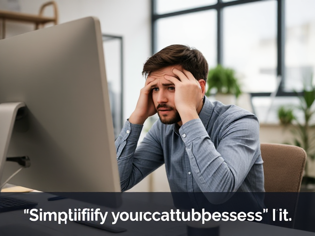 frustrated person at computer in an office with text below saying Simplifying your small business IT