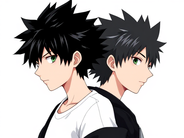 My hero academia inspired styled OC. Black spikey hair. Around 14. Wears a white T-shirt with a black jacket. 3/4 view like he's standing back to back. Green or grey eyes.