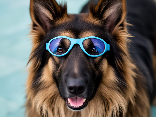 A long haired German shepherd wearing swimming goggles