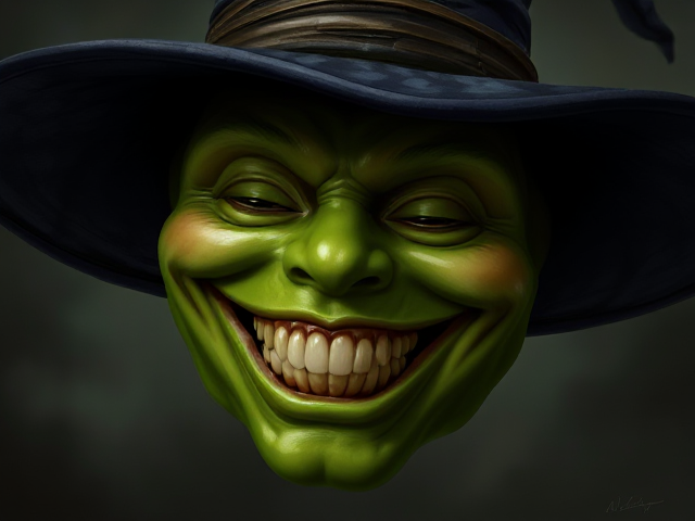 A Jalapeño Pepper smiling with human teeth and a witches hat.