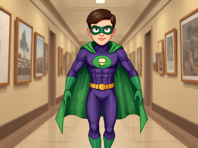 Modern Cartoon scene: A young, Autistic 25-year old boy with light skin and flat, smooth, and slick brown hair named T.J. Granger, but transformed into a genetically-altered superhero named Powerman, who, despite still being a young adult kid, has an extremely muscular body. He wears a sleek purple suit with a green P symbol on his chest, a gold belt with a circular buckle, green briefs, green boots, green long-cuffed gloves, a really big, toe-length long, ultra-wide green cape wreathed around his neck, and a green eye mask that protects his true identity. He also has incredible and invincible superpowers flowing through his veins. In this scene, Powerman is currently walking through a museum hallway, investigating the scene of the crime.