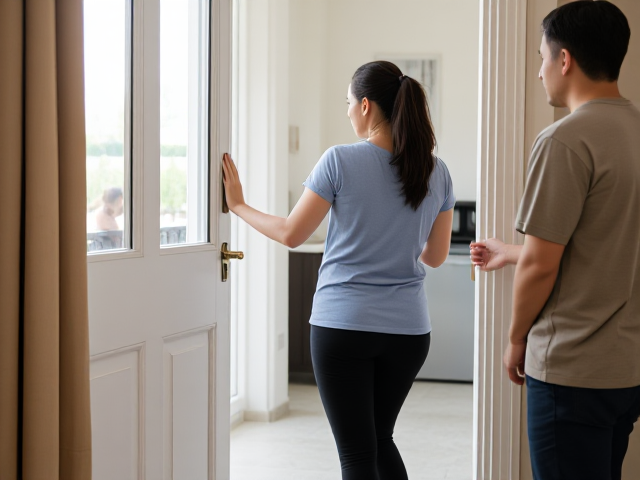 Woman with dark brown hair wearing a light blue t shirt and black yoga pants opens her apartment to a postal man