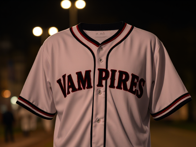 A white baseball jersey with vampires written across the front in red and black with black and red piping around the neck and cuffs of the jersey
