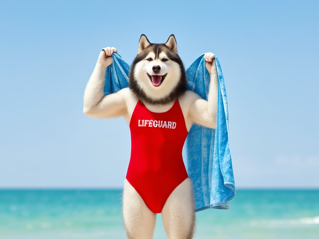 A anthropomorphic alaskan malamute  wearing a red lifeguard one piece swimsuit drying off with a towel
