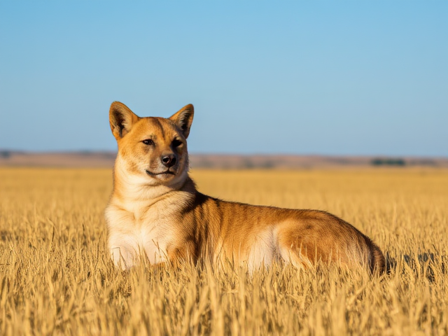 Hyena relaxing in a golden wheat field, surrounded by the expansive rural landscape of North Dakota under a clear blue sky, during daylight hours