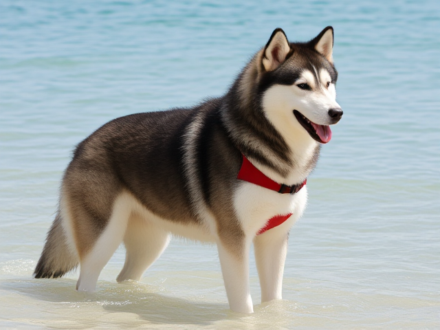 A Tall Anthropomorphic female Alaskan malamute wearing a red lifeguard swimsuit